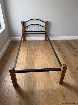 Single Bed Frame with Wood and Arched Metal Headboard - 2ndhandwarehouse.com