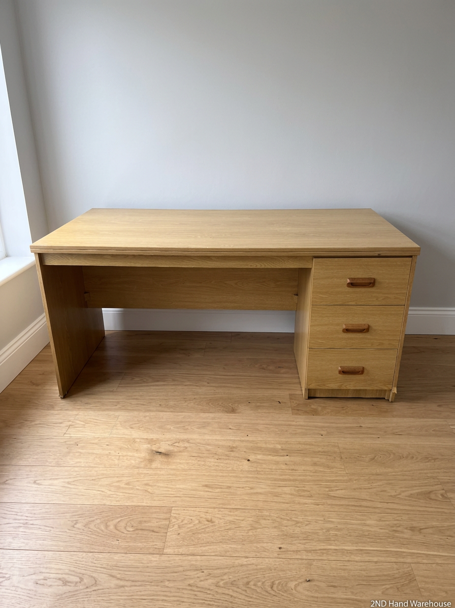 Light Oak Finish Office Desk with 3 Drawers — Good Used Condition