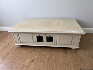 Cream Panelled Wood Coffee Table with Bun Feet — Visible Wear and Paint Chipping