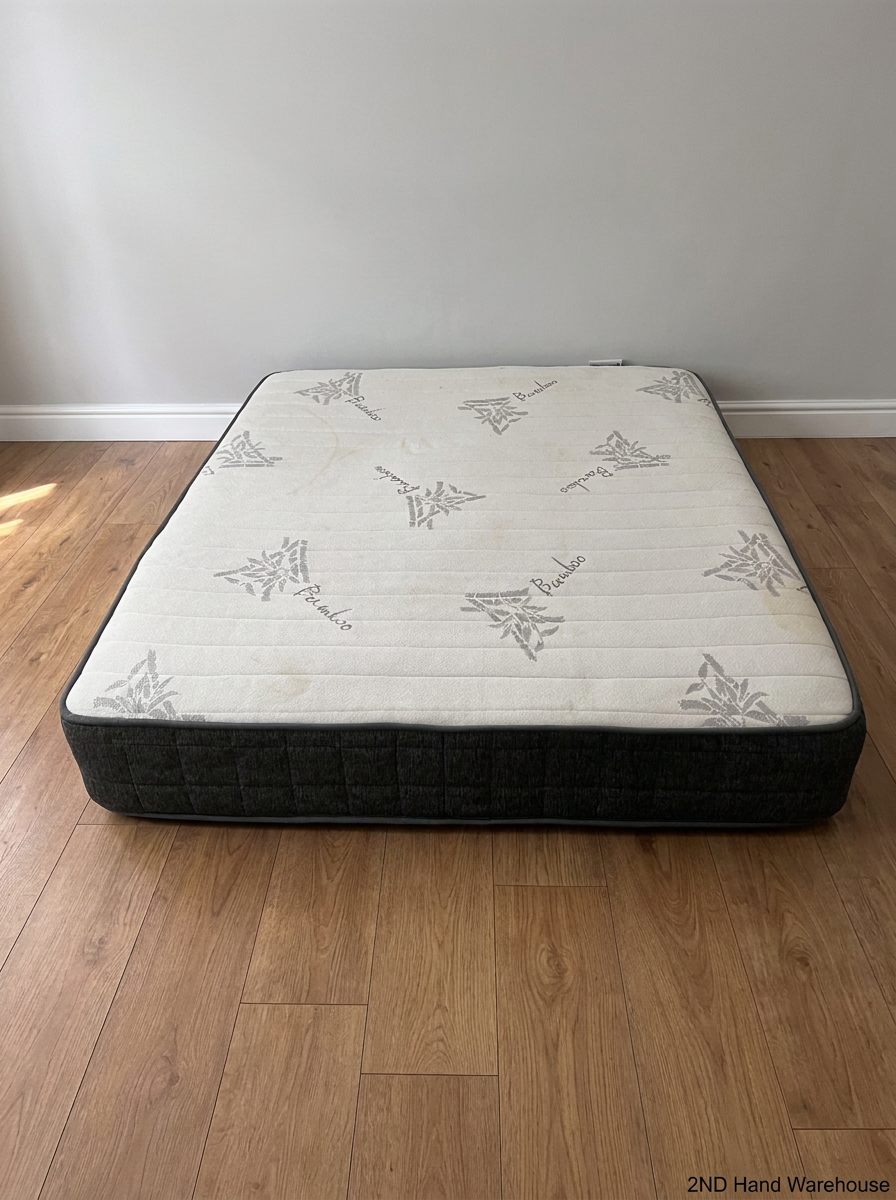 Queen Size Bamboo Motif Mattress with Grey Side Panels — Fair Condition with Visible Staining - 2ndhandwarehouse.com