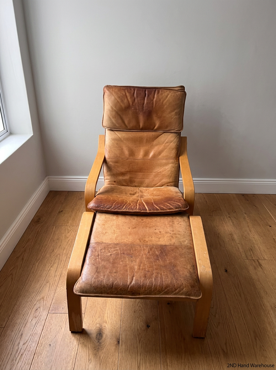 Tan Bentwood Lounge Chair and Footstool — Well Used with Significant Surface Wear