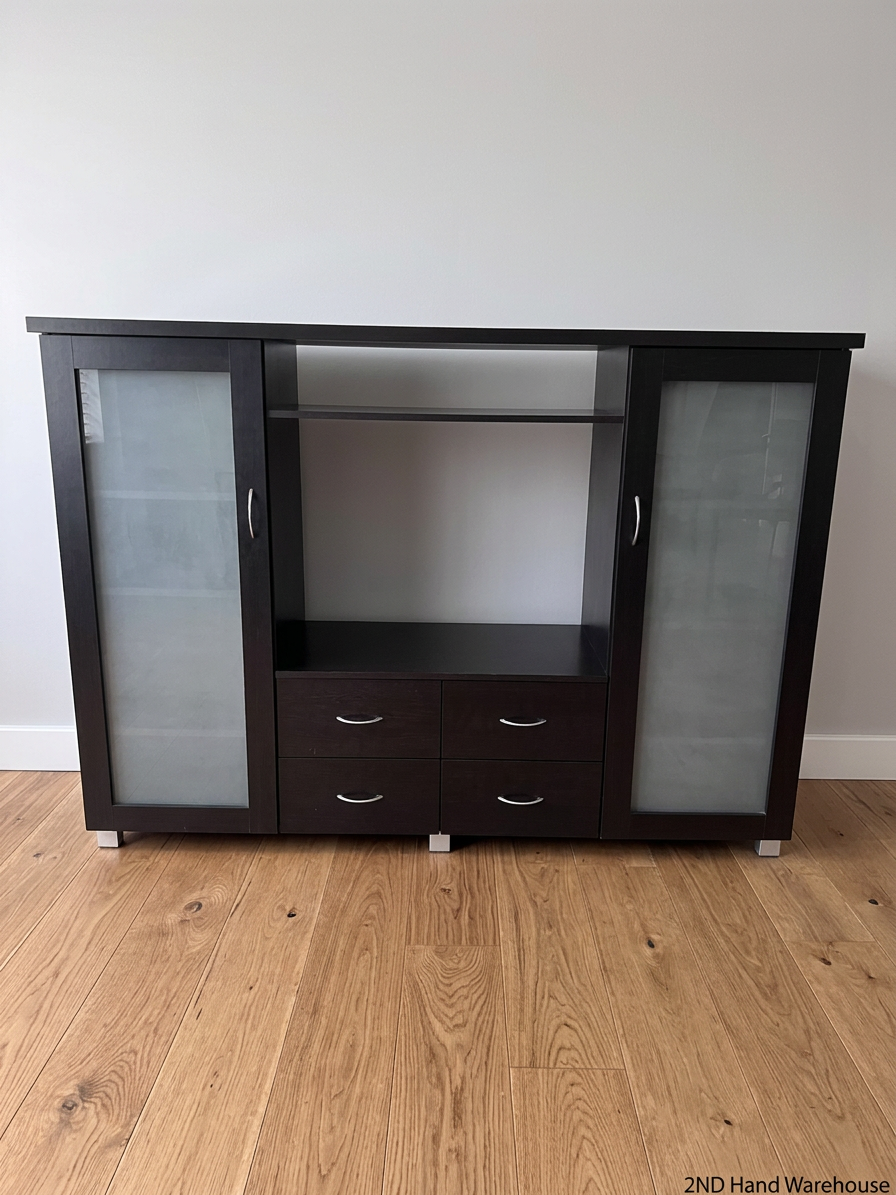 Dark Brown TV Unit with Frosted Glass Cabinets — Good Working Order
