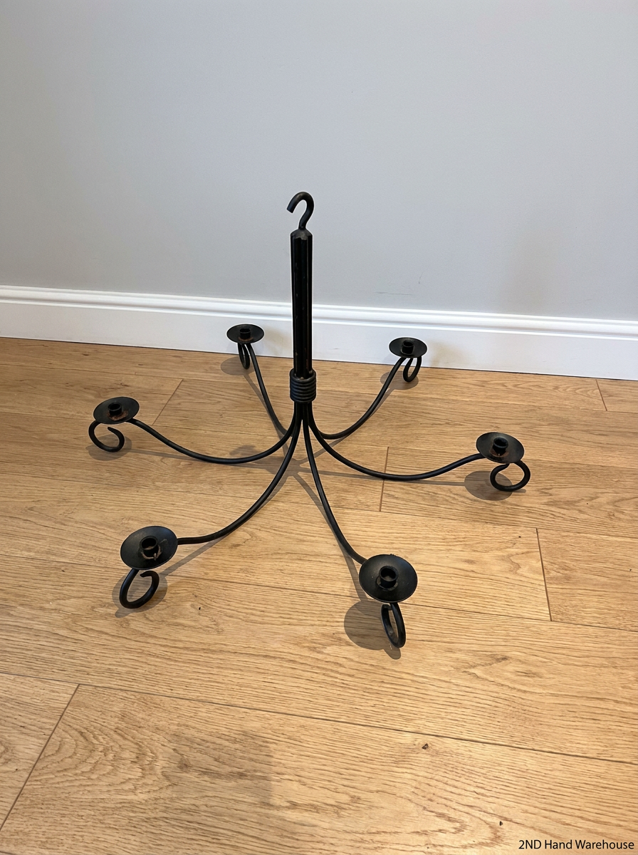 Ornate Six-Arm Metal Chandelier with Scroll Detail — Good Working Order