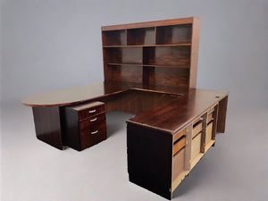 Dark Wood 12 Drawer U Shaped Desk With Shelf - PRICE DROP