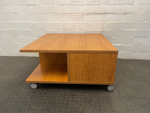 Light Brown Coffee Table On Wheels with Cupboard - PRICE DROP