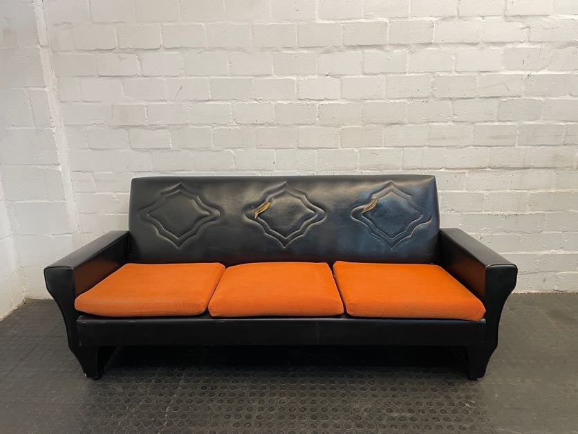1960s Art Deco Orange and Black Pleather Three Seater Couch (Torn Backrest)