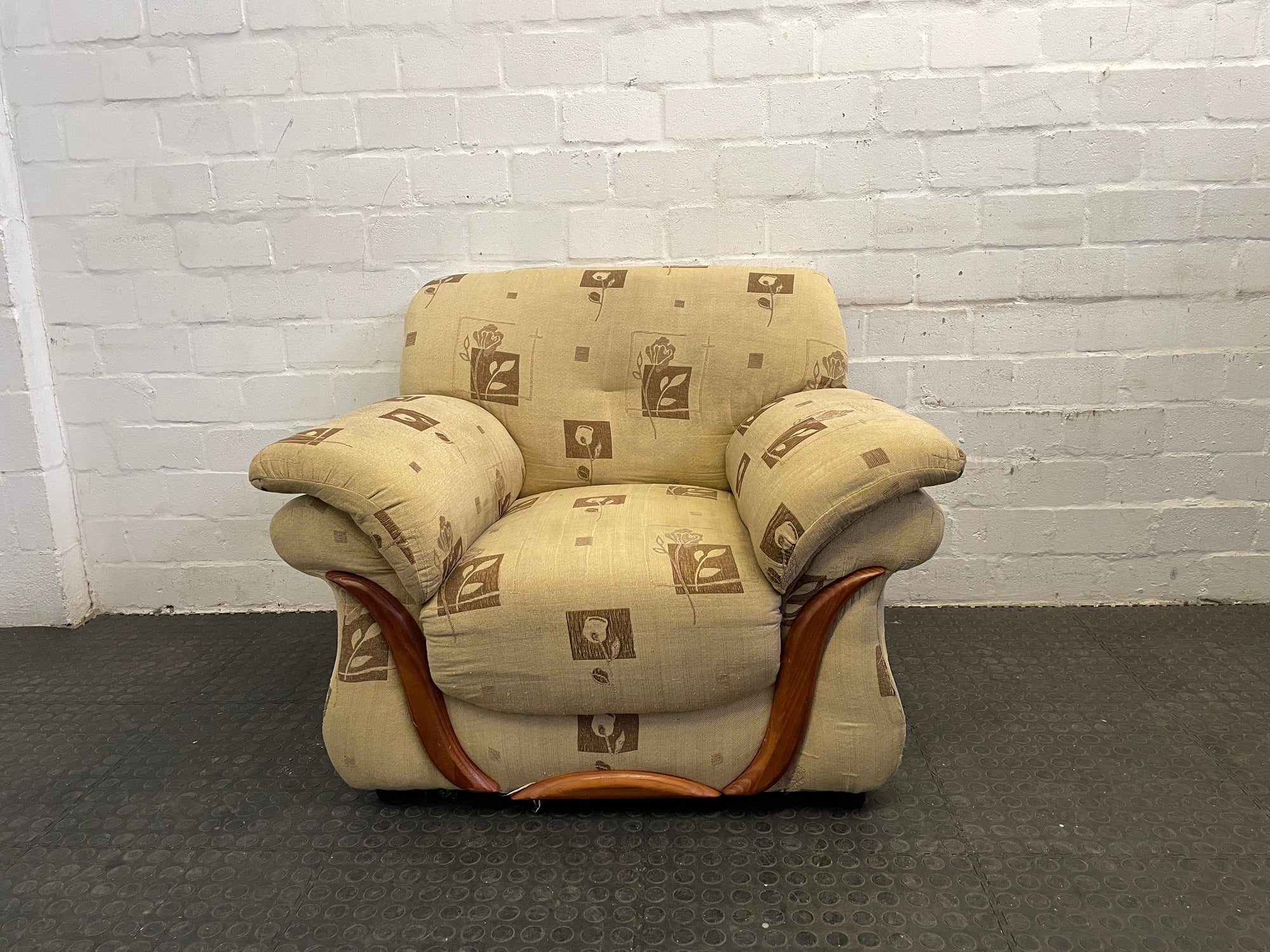 Beige Fabric Flower Print 1 Seater Couch