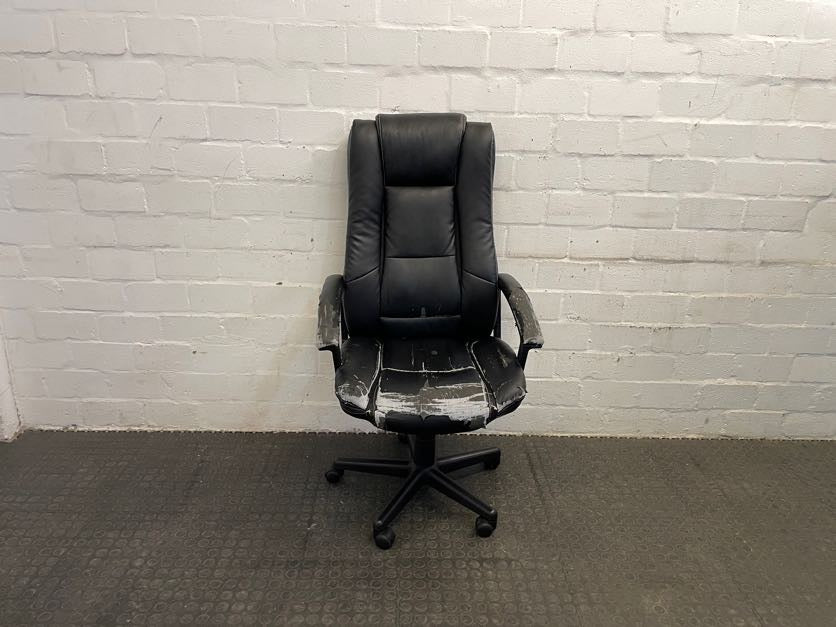 Black Pleather Office Armchair on Wheels (Torn Seat)