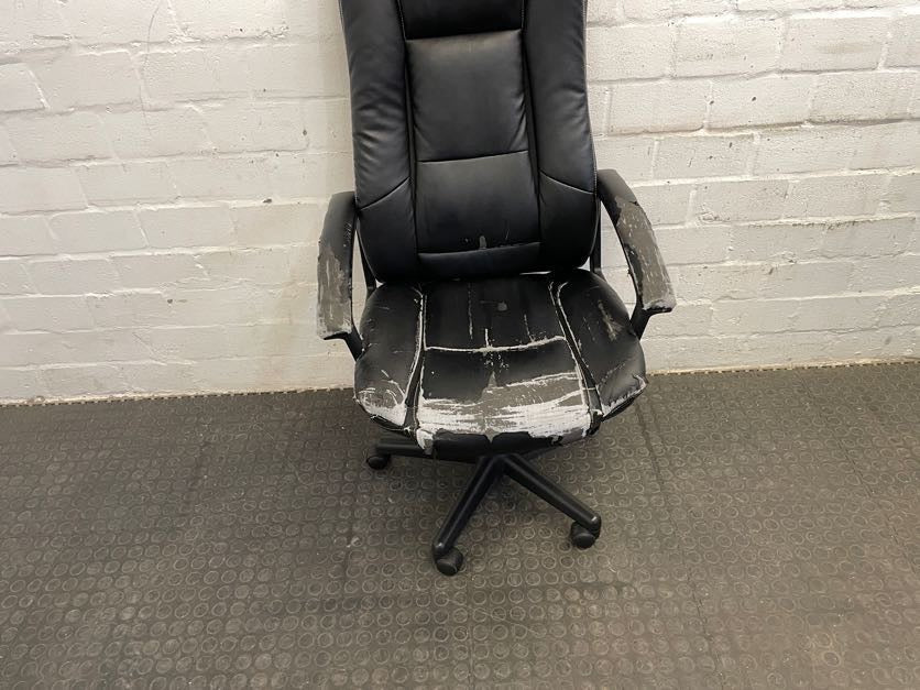 Black Pleather Office Armchair on Wheels (Torn Seat)