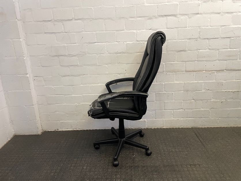 Black Pleather Office Armchair on Wheels (Torn Seat)