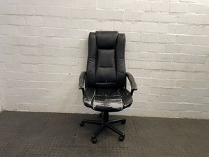 Black Pleather Office Armchair on Wheels (Torn Seat)
