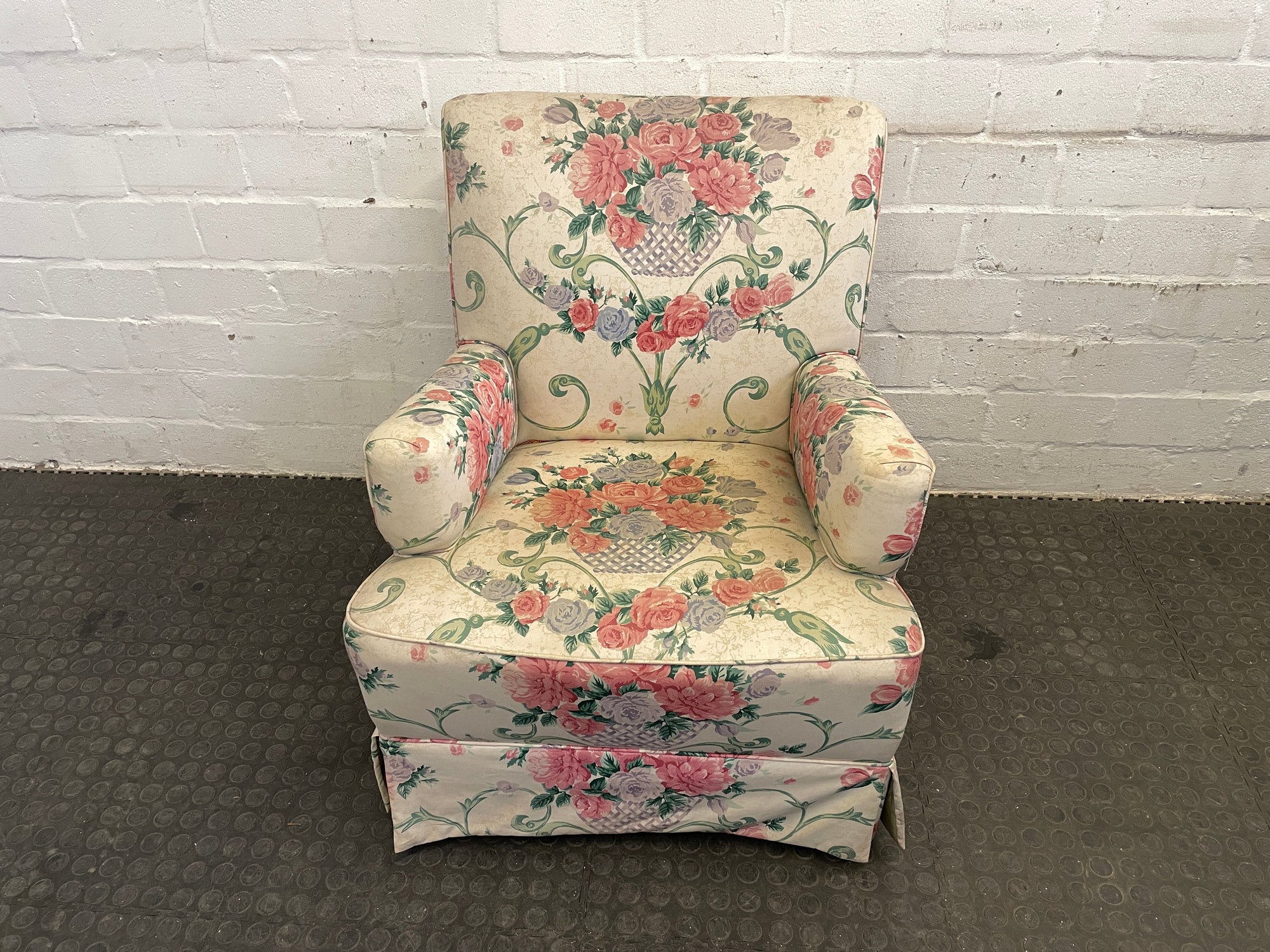White Floral Print Arm Chair