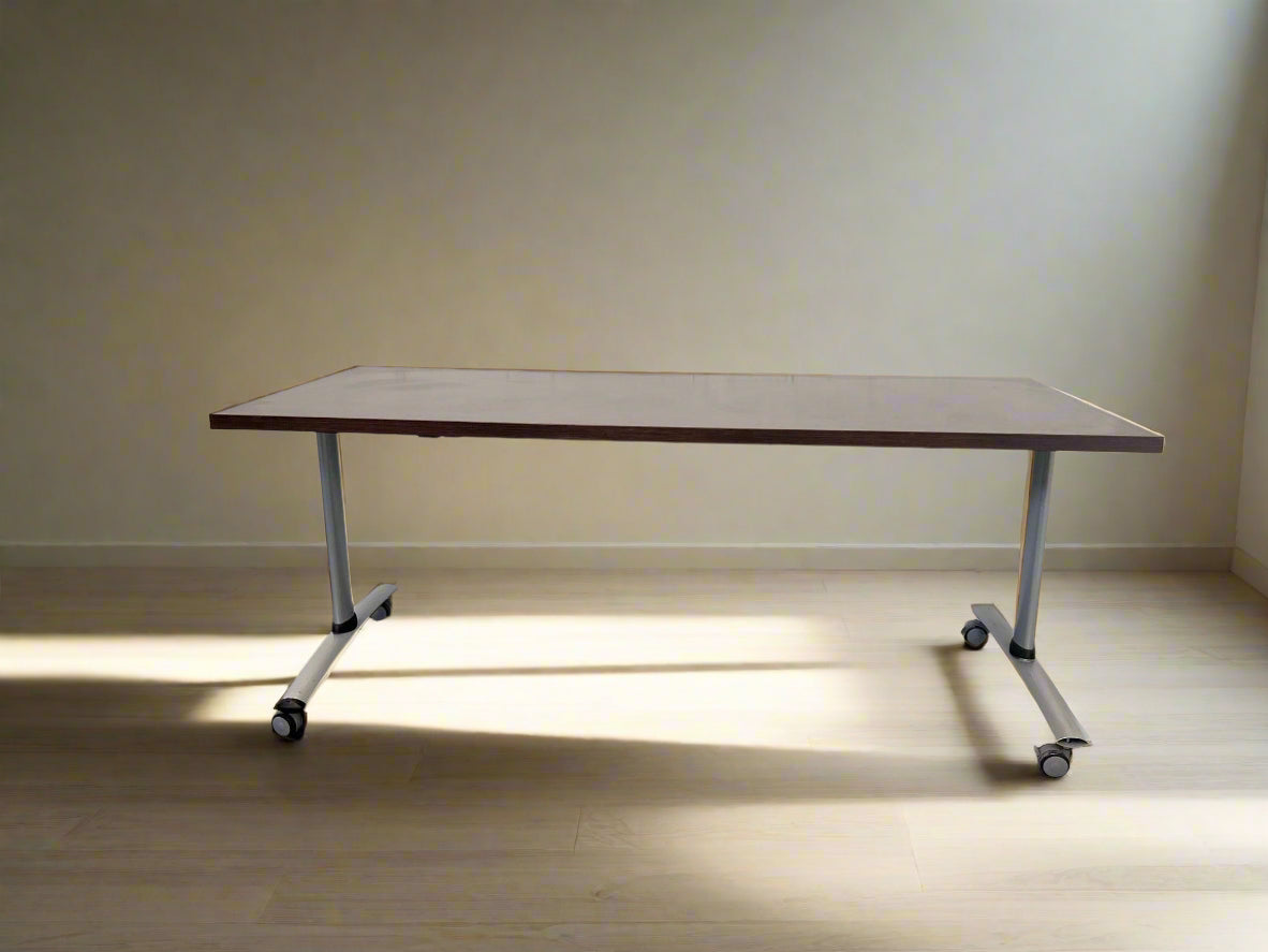 Simple Dark Wood Print Desk On Wheels