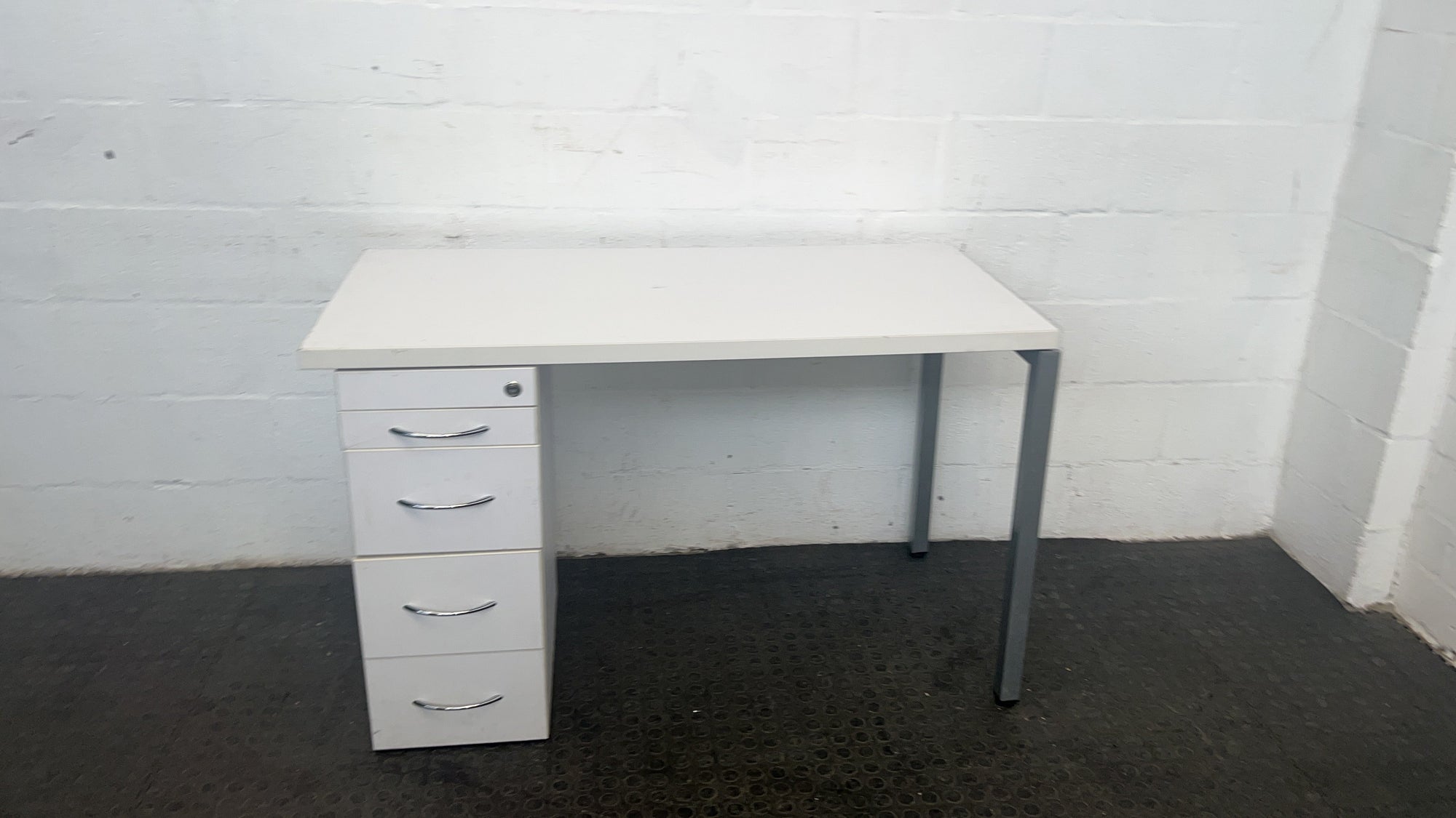 Four Drawer White Office Desk with Steel Legs