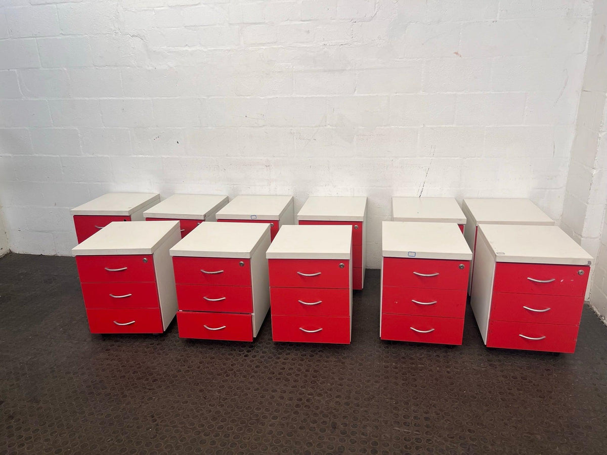 Three Drawer Red and White office Credenza - PRICE DROP - 2ndhandwarehouse.com