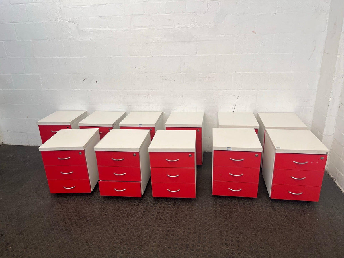 Three Drawer Red and White office Credenza - PRICE DROP - 2ndhandwarehouse.com