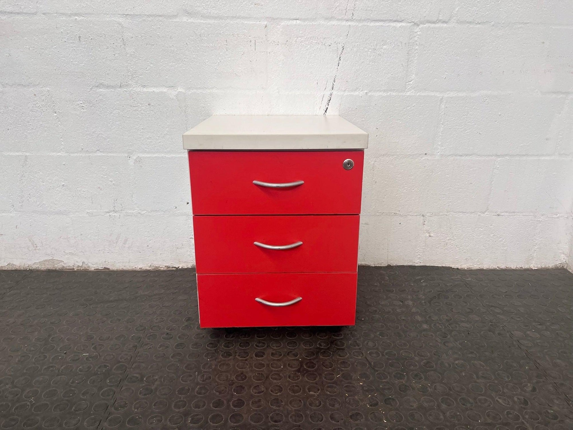 Three Drawer Red and White office Credenza