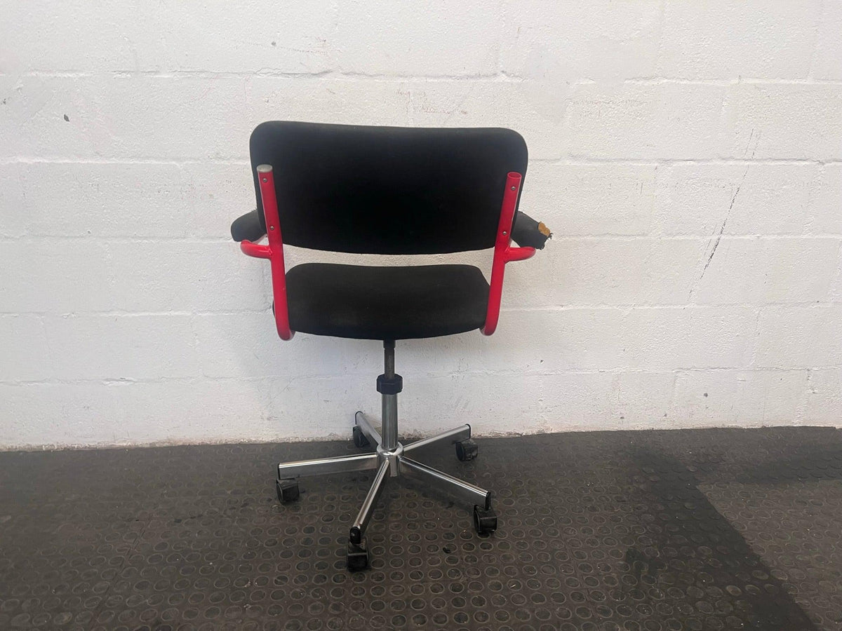 Black Mid-Back Office Chair with Red Frame (Damaged Arm Rests)