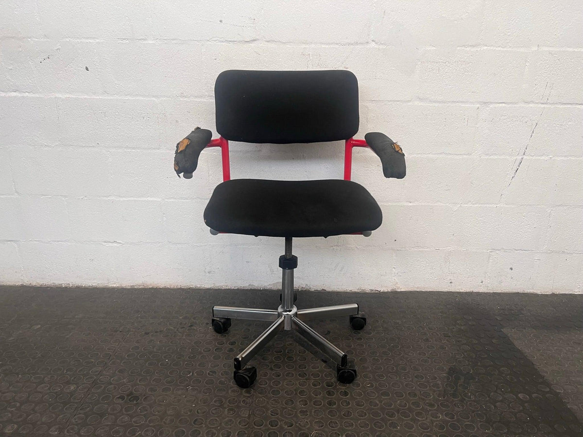 Black Mid-Back Office Chair with Red Frame (Damaged Arm Rests)
