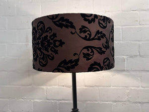 Black Standing Lamp with Brown and Black Patterned Shade
