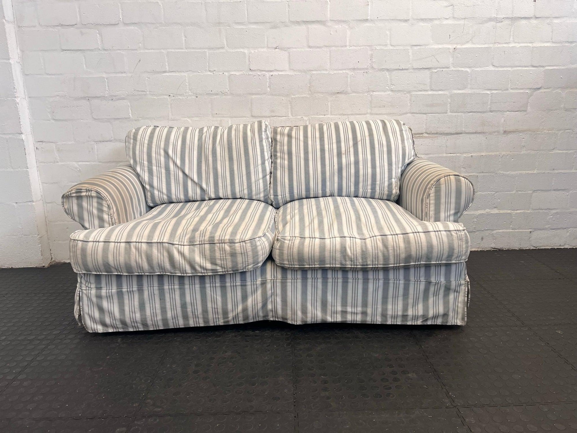 Grey and White Striped Fabric 2 Seater Couch - REDUCED