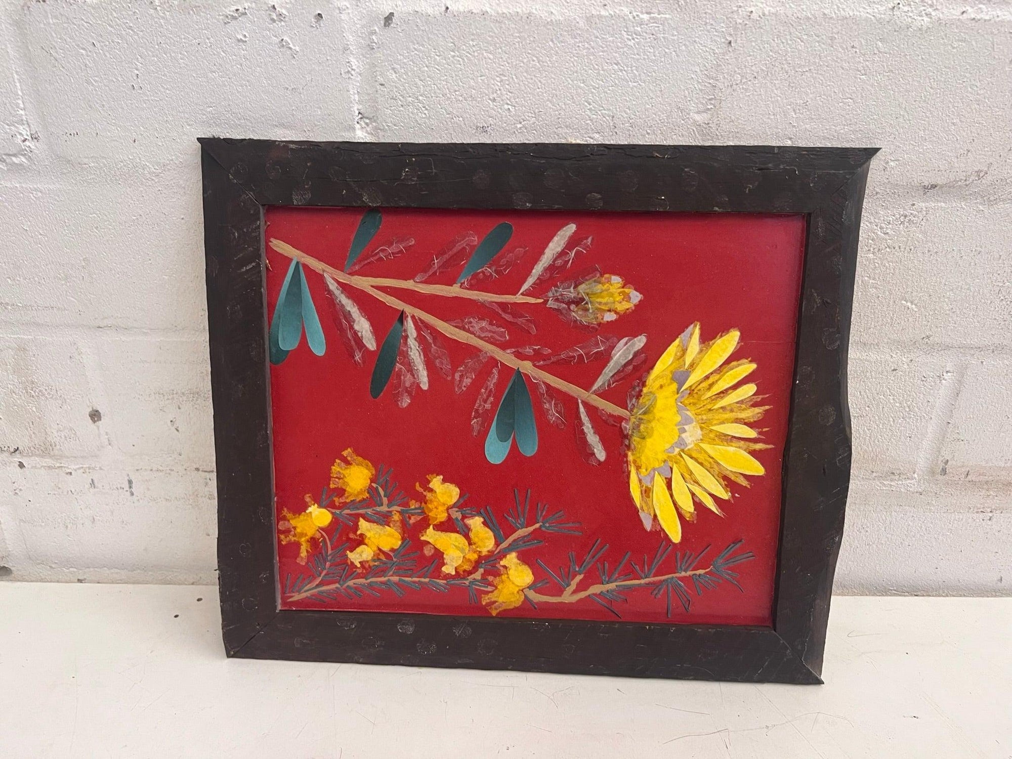 Vintage Floral Print on Red Background Framed Picture 47 x 43cm