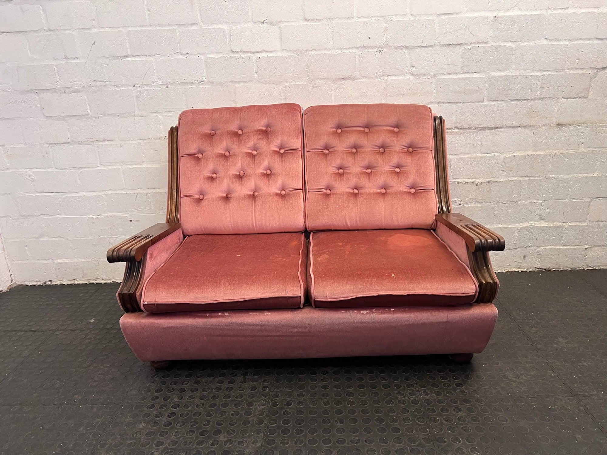 Pink Suede Wooden Framed 2 Seater Couch - REDUCED