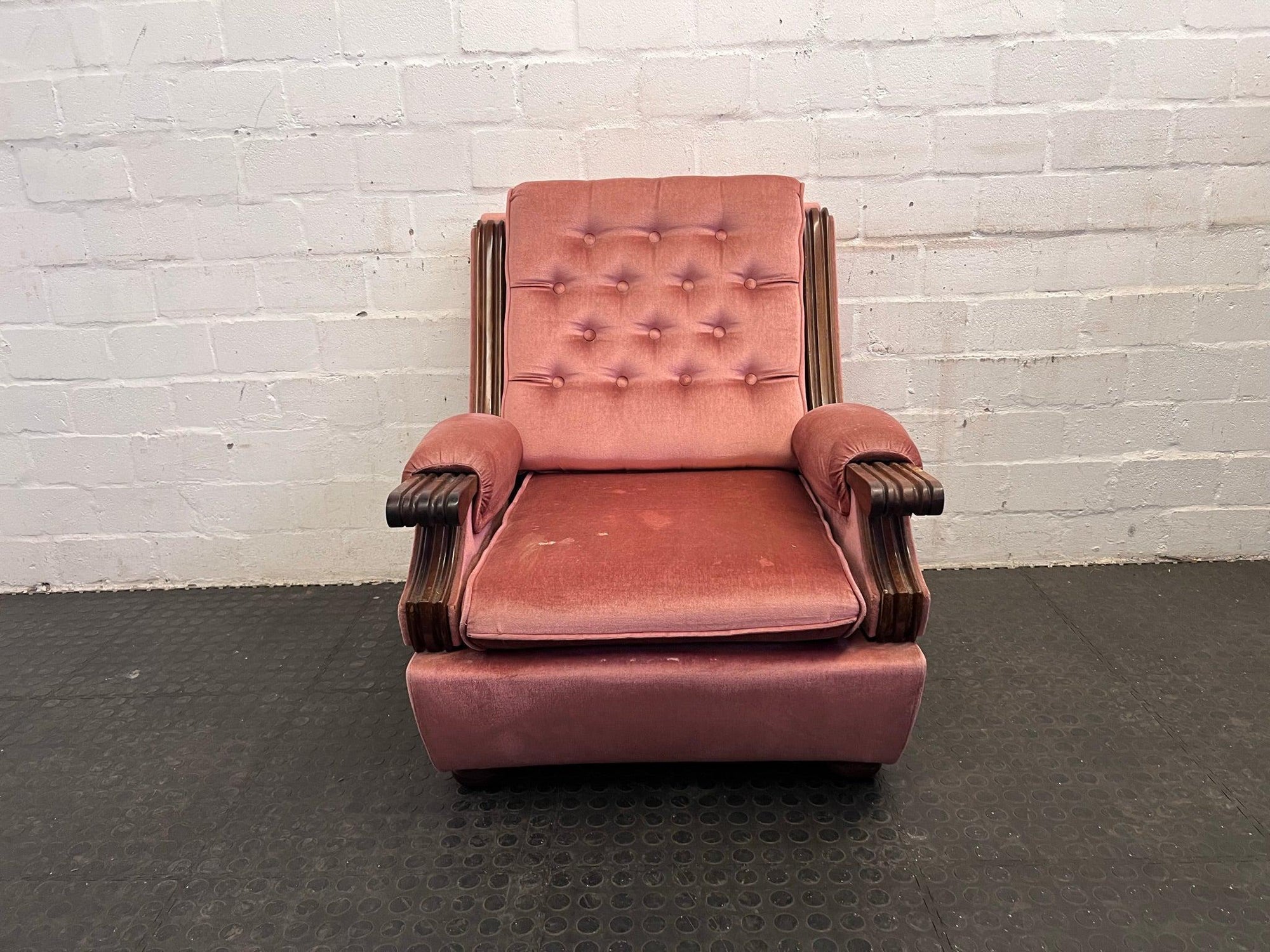 Pink Suede Wooden Framed 1 Seater Couch - REDUCED