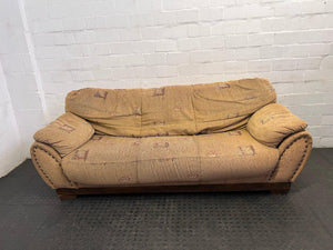 Sandy Brown 3 Seater Couch with Stud and Floral Detailing - REDUCED