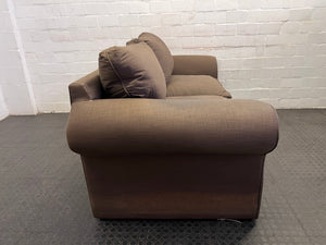 Chocolate Brown Fabric Slipcover 2 Seater Couch (Torn/Support Webbing Under Right Cushion) - REDUCED