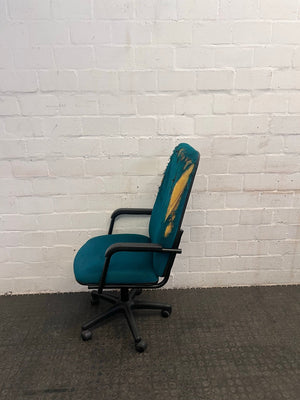 Teal Office Armchair on Wheels (Torn) - REDUCED