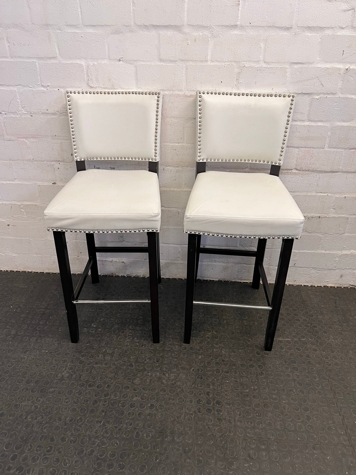 White Pleather Bar Stools with Wooden Legs - PRICE DROP