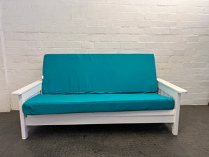 White-Painted Pine Sleeper Couch with Turquoise-Covered Foam