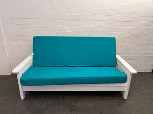 White-Painted Pine Sleeper Couch with Turquoise-Covered Foam