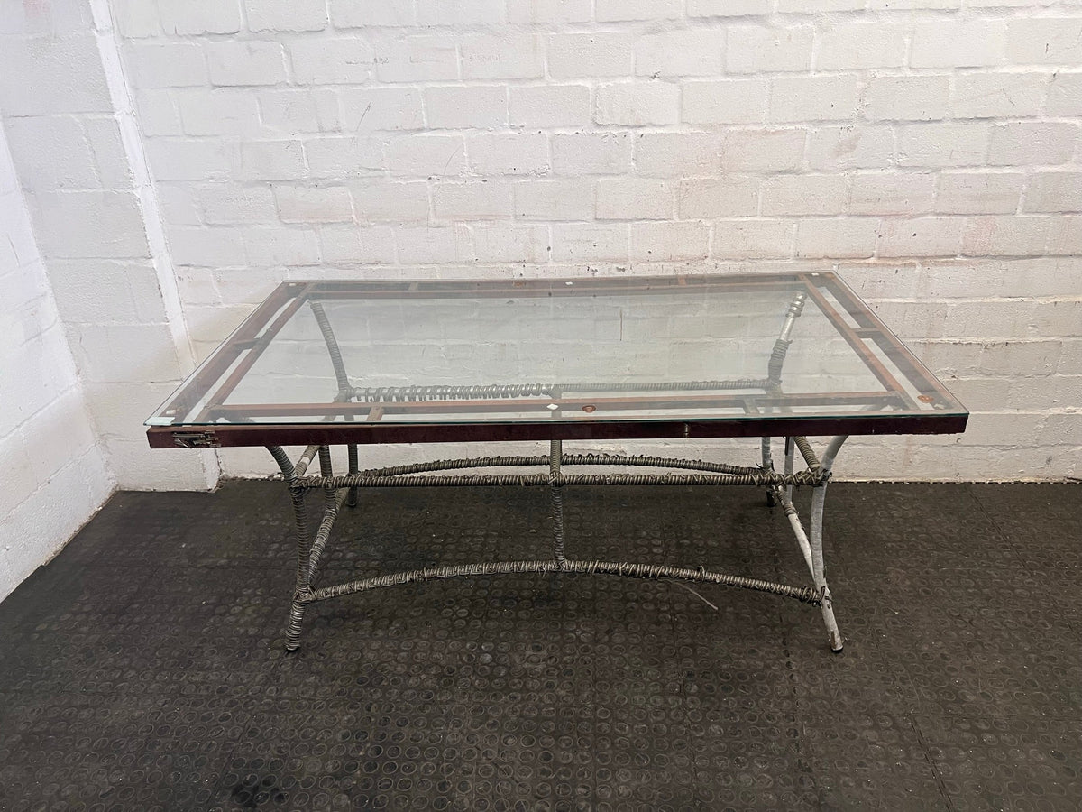 Wicker and Metal Framed Glass Top Outdoor Table (Some Rust on Metal)