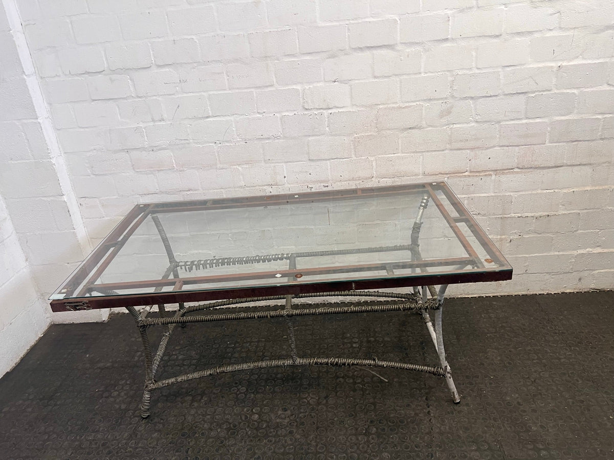 Wicker and Metal Framed Glass Top Outdoor Table (Some Rust on Metal)