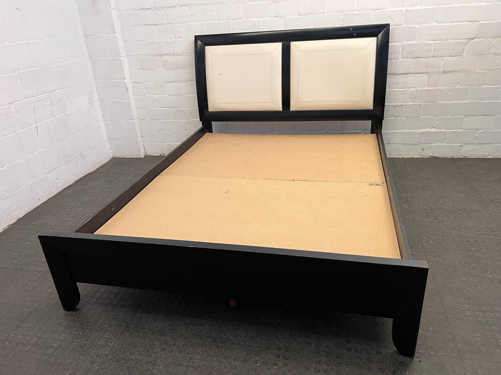 Black Queen Sleigh Bed Frame with Cream Leather Headboard (Small Tear in Leather)