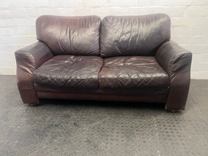 Dark Brown Leather Two Seater Couch (Damaged Underneath) - REDUCED