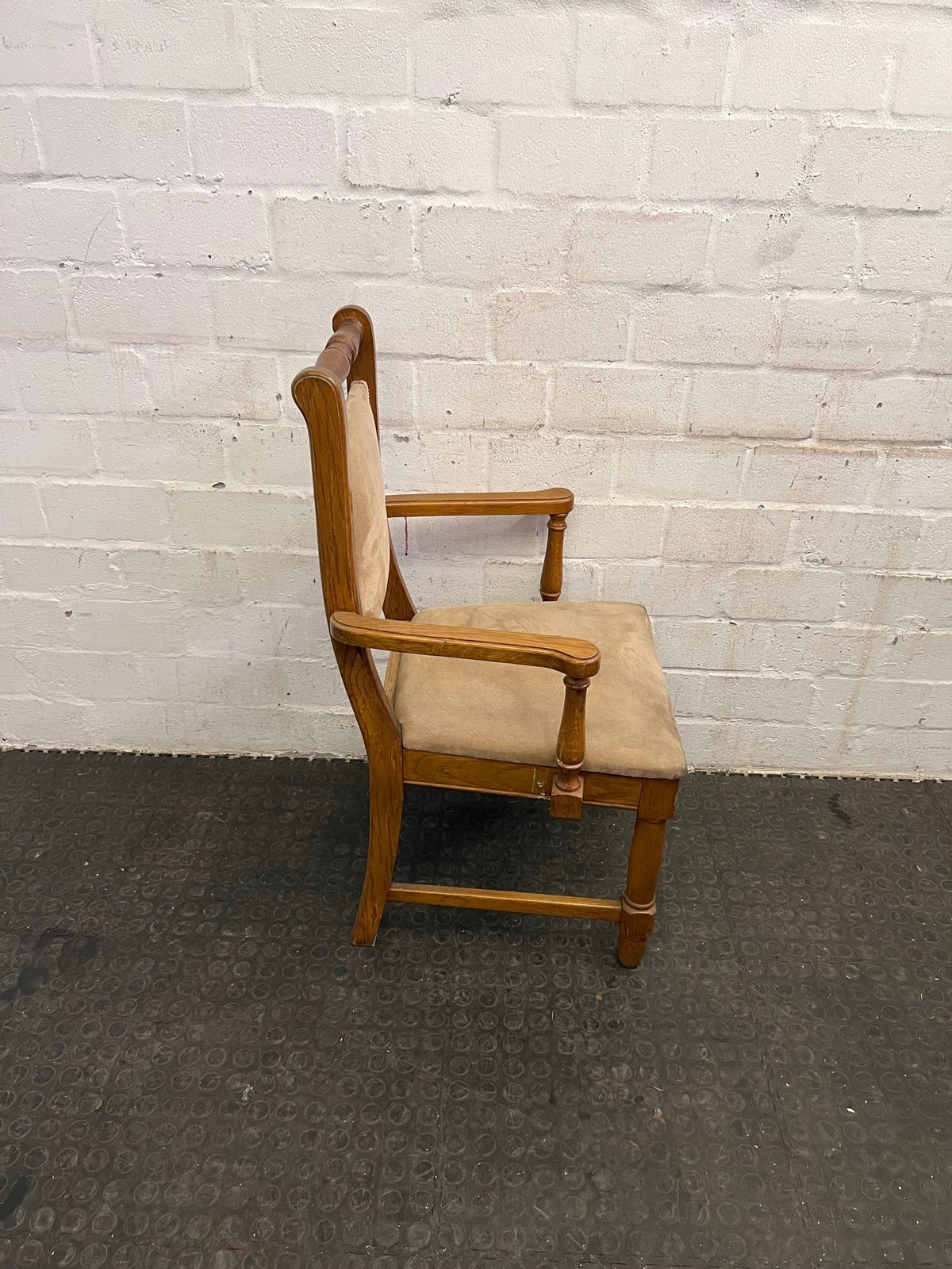 Wooden Framed Beige Cushioned Dining Chair with Arm Rests