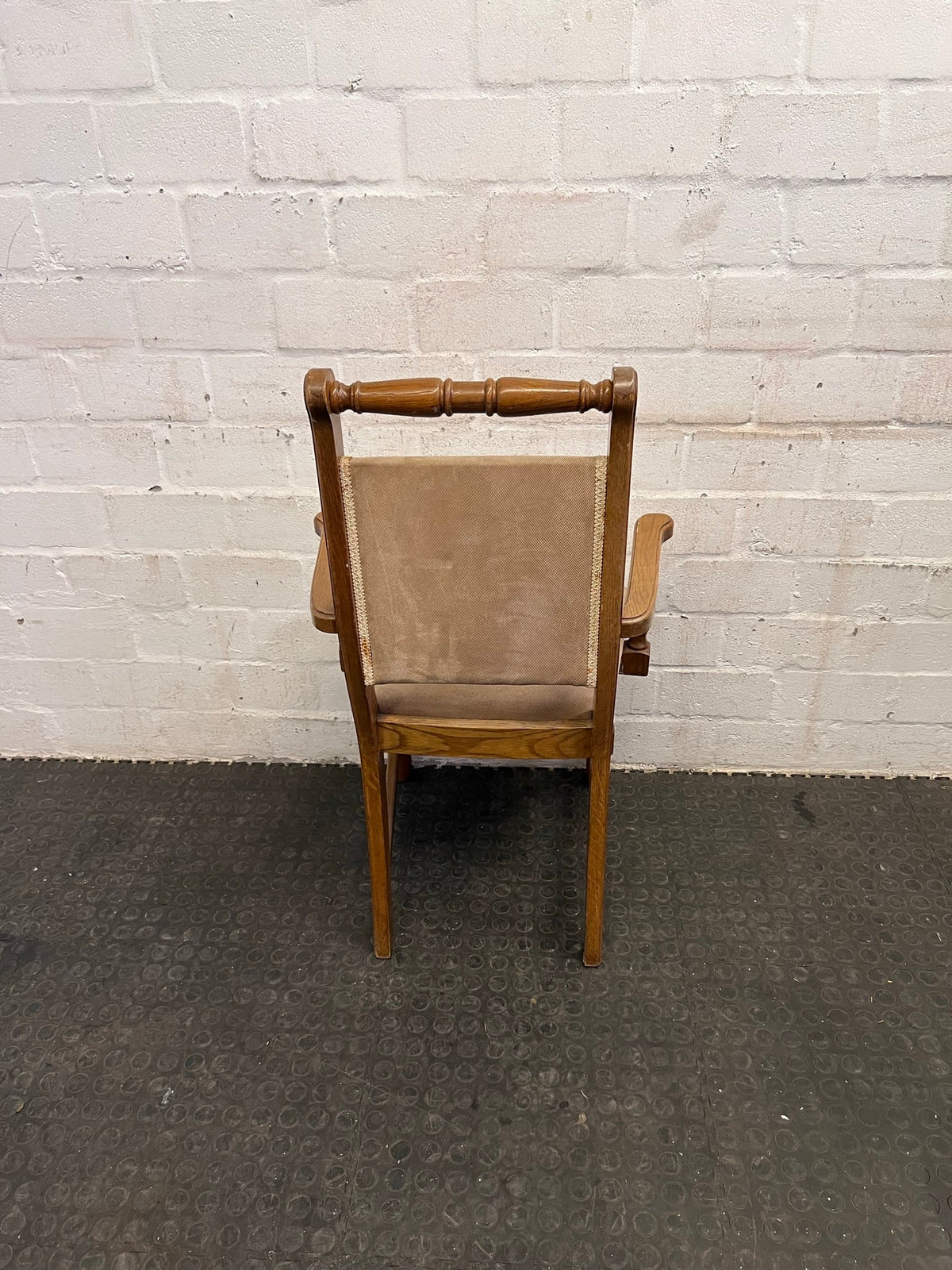 Wooden Framed Beige Cushioned Dining Chair with Arm Rests