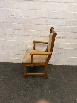 Wooden Framed Beige Cushioned Dining Chair with Arm Rests