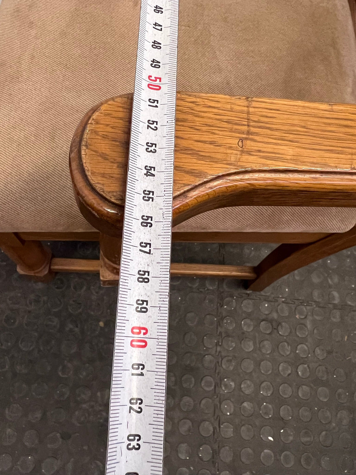 Wooden Framed Beige Cushioned Dining Chair with Arm Rests