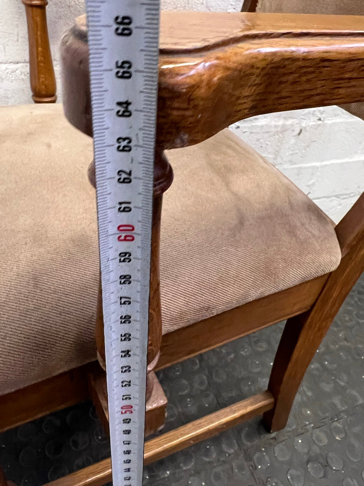 Wooden Framed Beige Cushioned Dining Chair with Arm Rests