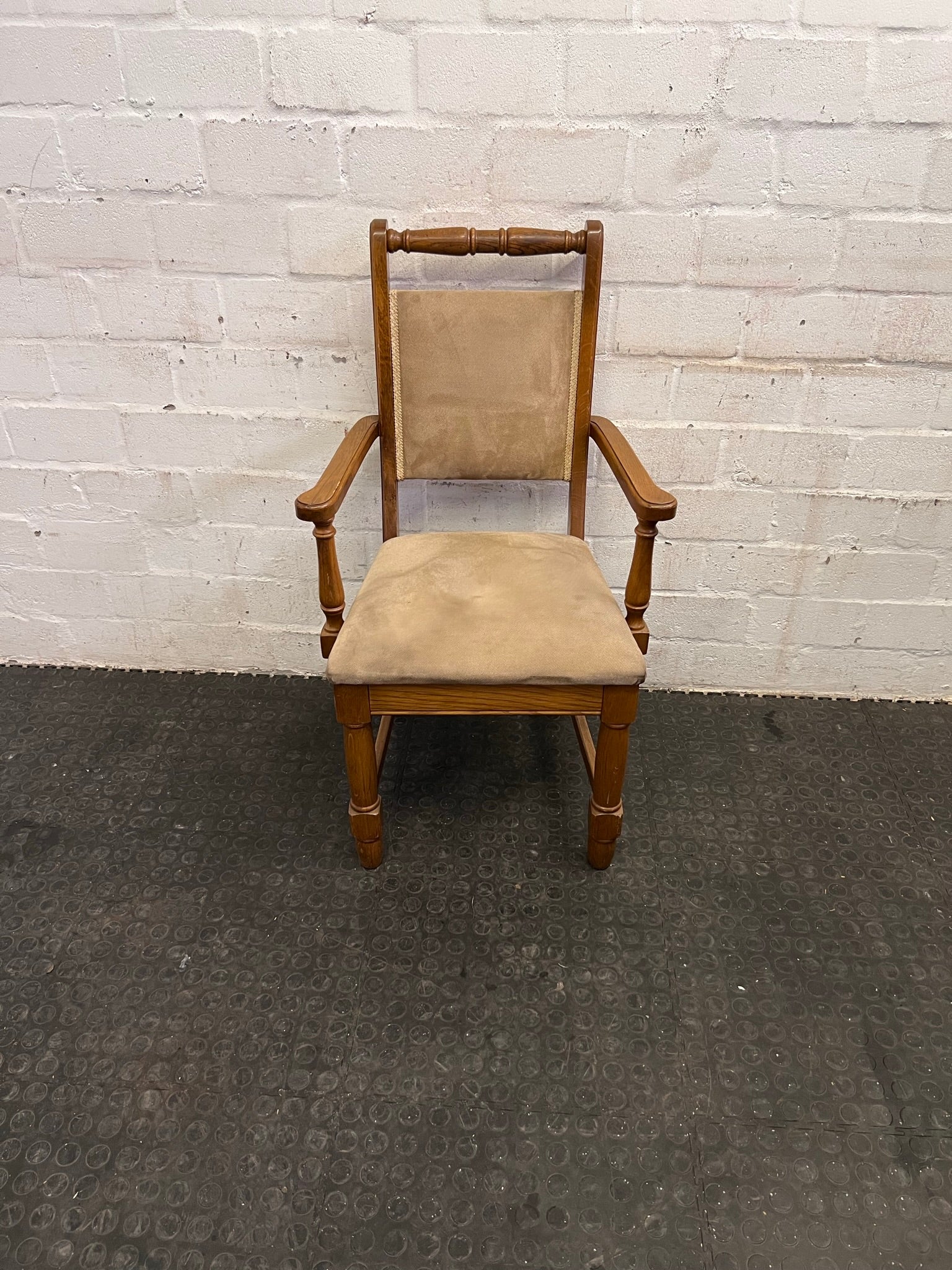Wooden Framed Beige Cushioned Dining Chair with Arm Rests - 2ndhandwarehouse.com