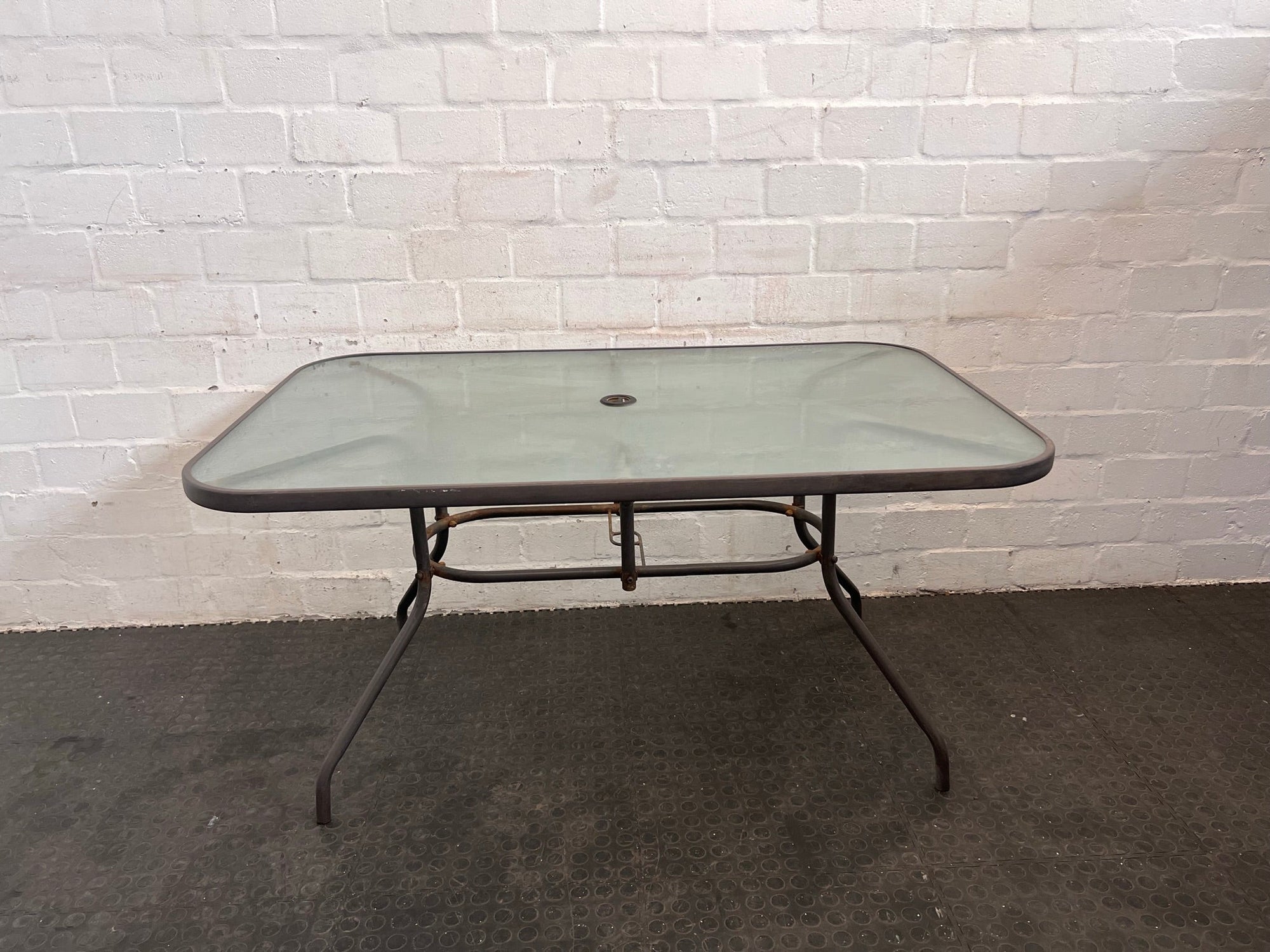 Metal Framed Glass Top Patio Table (Slightly Rusted)
