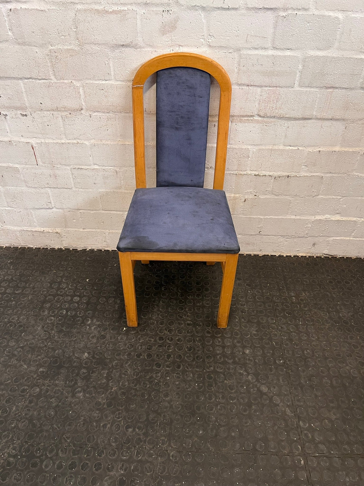 Wooden Blue Cushioned Dining Chair (Slight Damage/Crack In Wood) - PRICE DROP