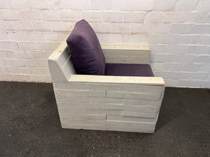 White Pallet Wood One Seater Couch with Deep Purple Cushions - REDUCED