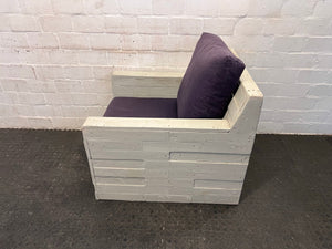 White Pallet Wood One Seater Couch with Deep Purple Cushions - REDUCED
