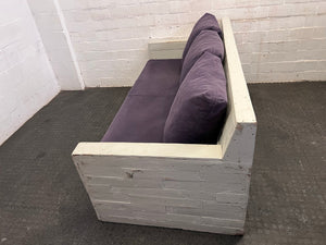 White Pallet Wood Three Seater Couch with Deep Purple Cushions - REDUCED