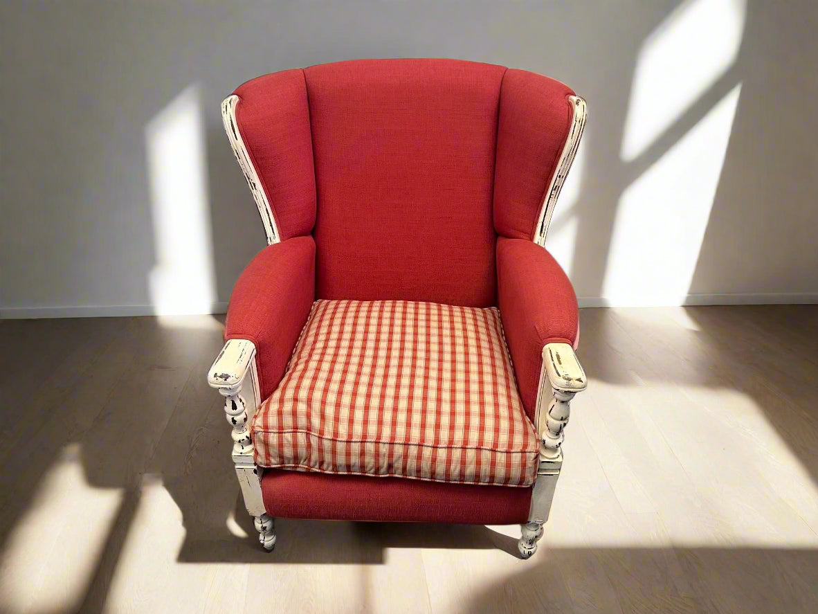 Red Fabric Arm Chair with Red and White Checkered Seat - REDUCED - PRICE DROP